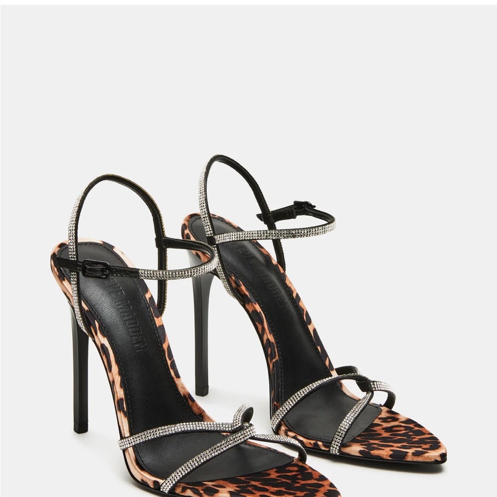 Leopard Print Stiletto Sandals with Rhinestone Straps